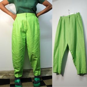 Mens Neon Green Textured Pleated Cotton Pants